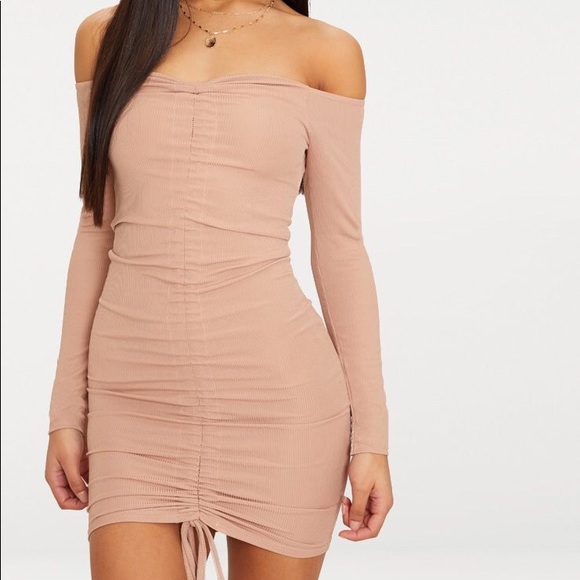 PrettyLittleThing Dresses & Skirts - PRETTYLITTLETHING Tan Ruched Long Sleeve Dress